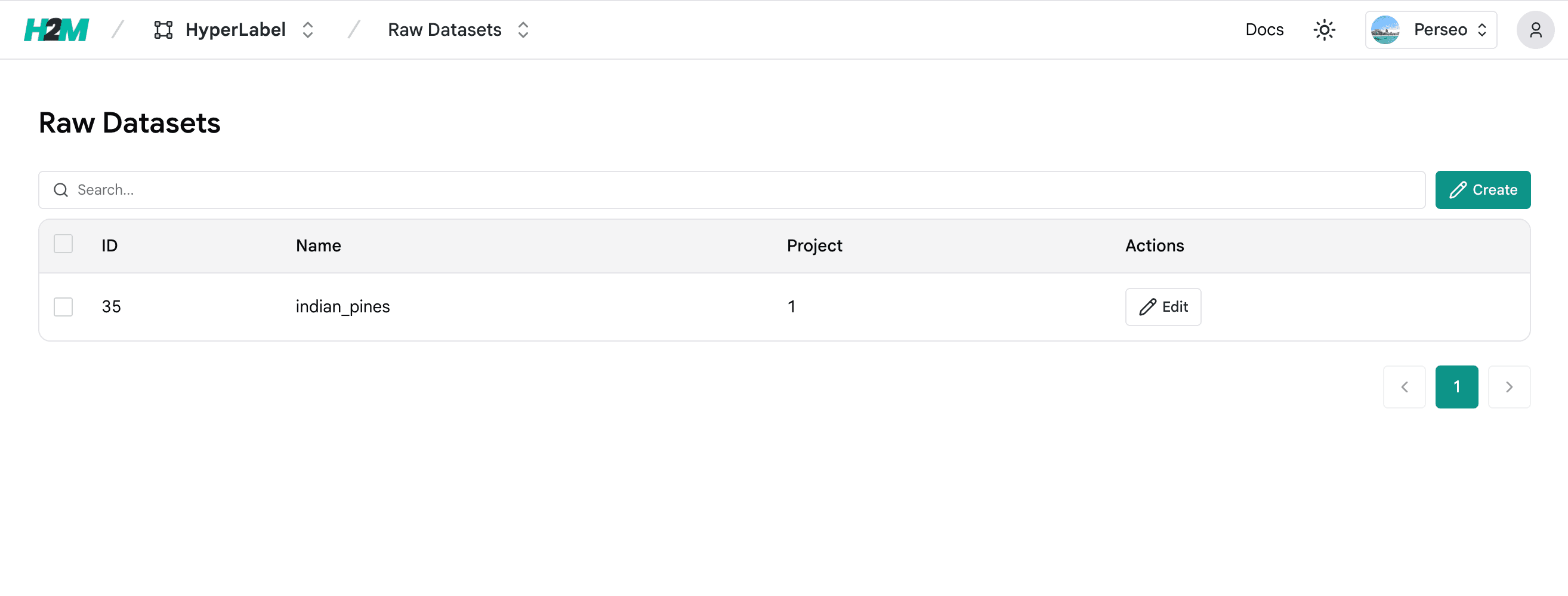 HyperLabel Raw Datasets list with search and Create