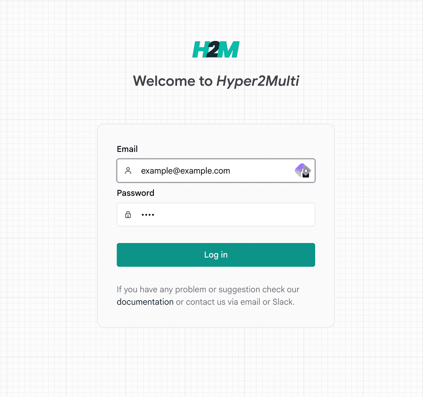 H2M login screen with email, password, and Log in