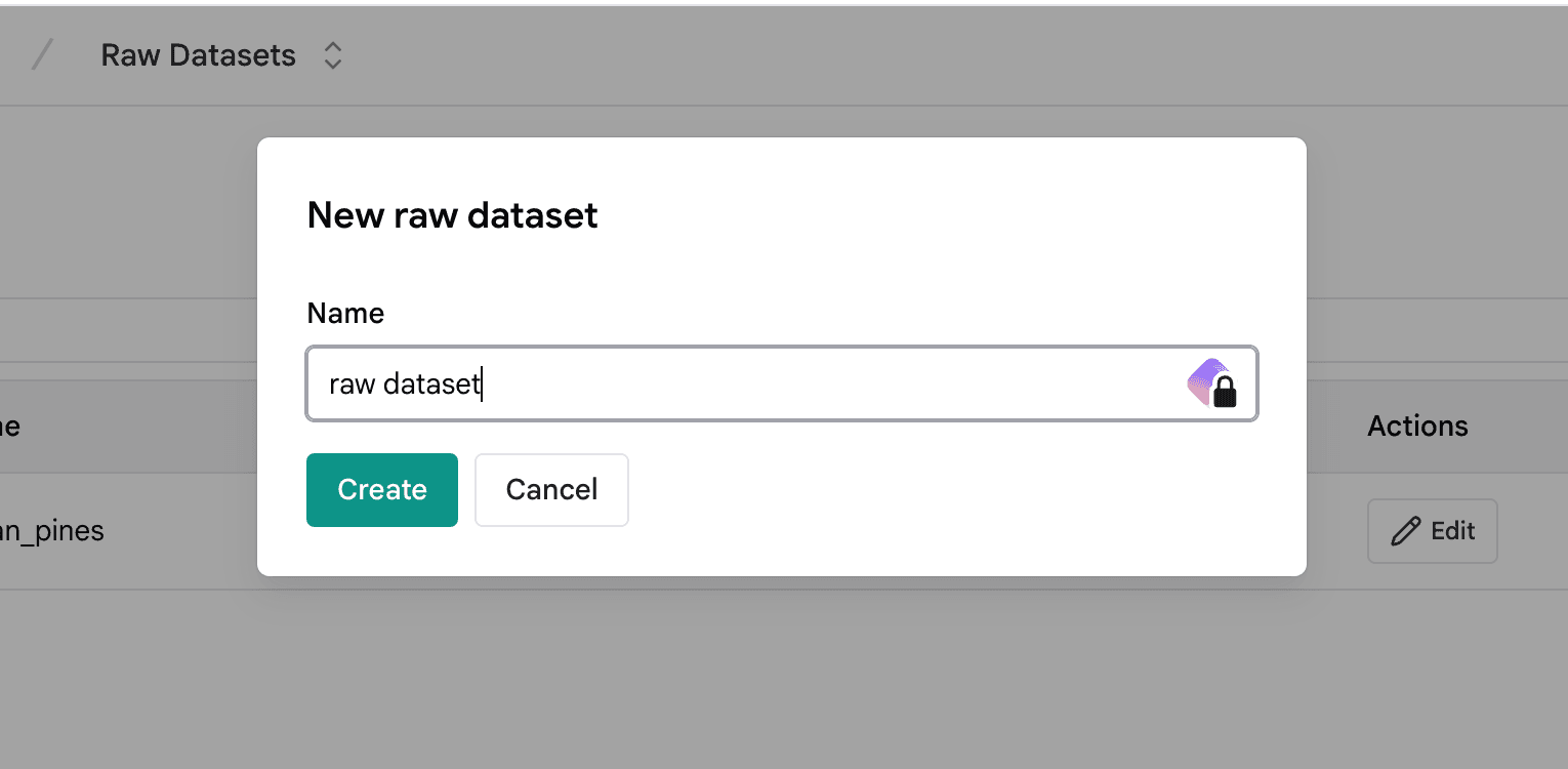 New raw dataset dialog: name and Create