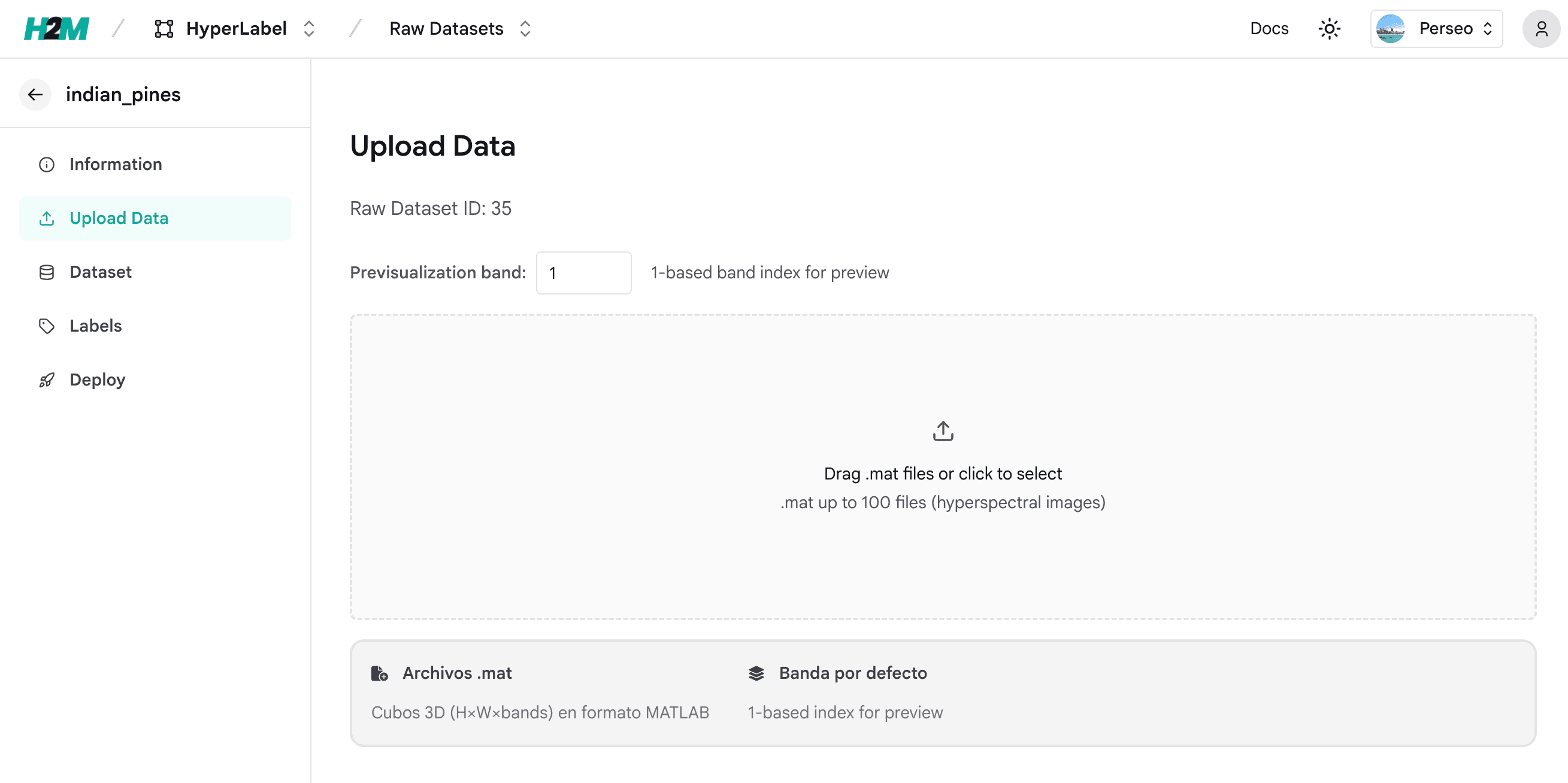 Upload Data: drag .mat files, previsualization band, up to 100 files