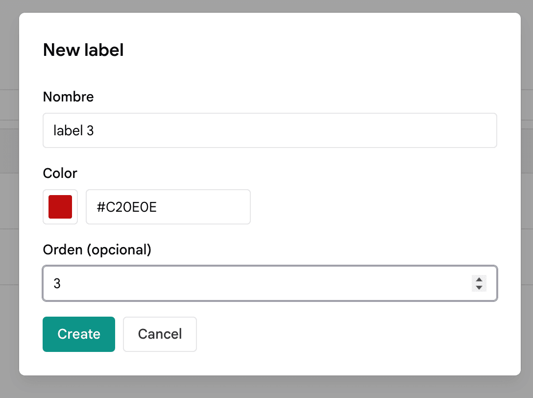 New label form: name, color hex, optional order