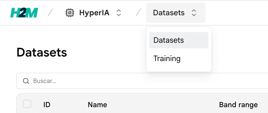 HyperIA Datasets page with breadcrumb and search