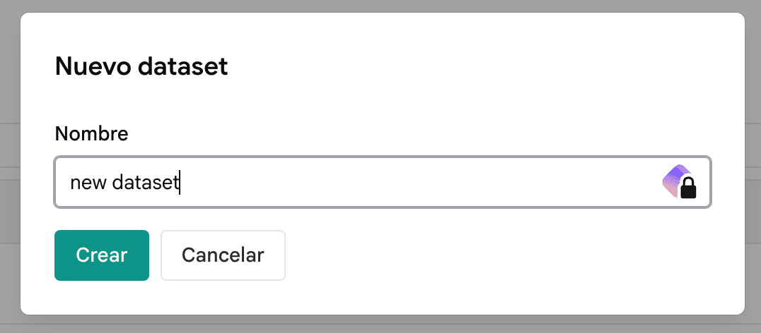New dataset dialog: name field and Create