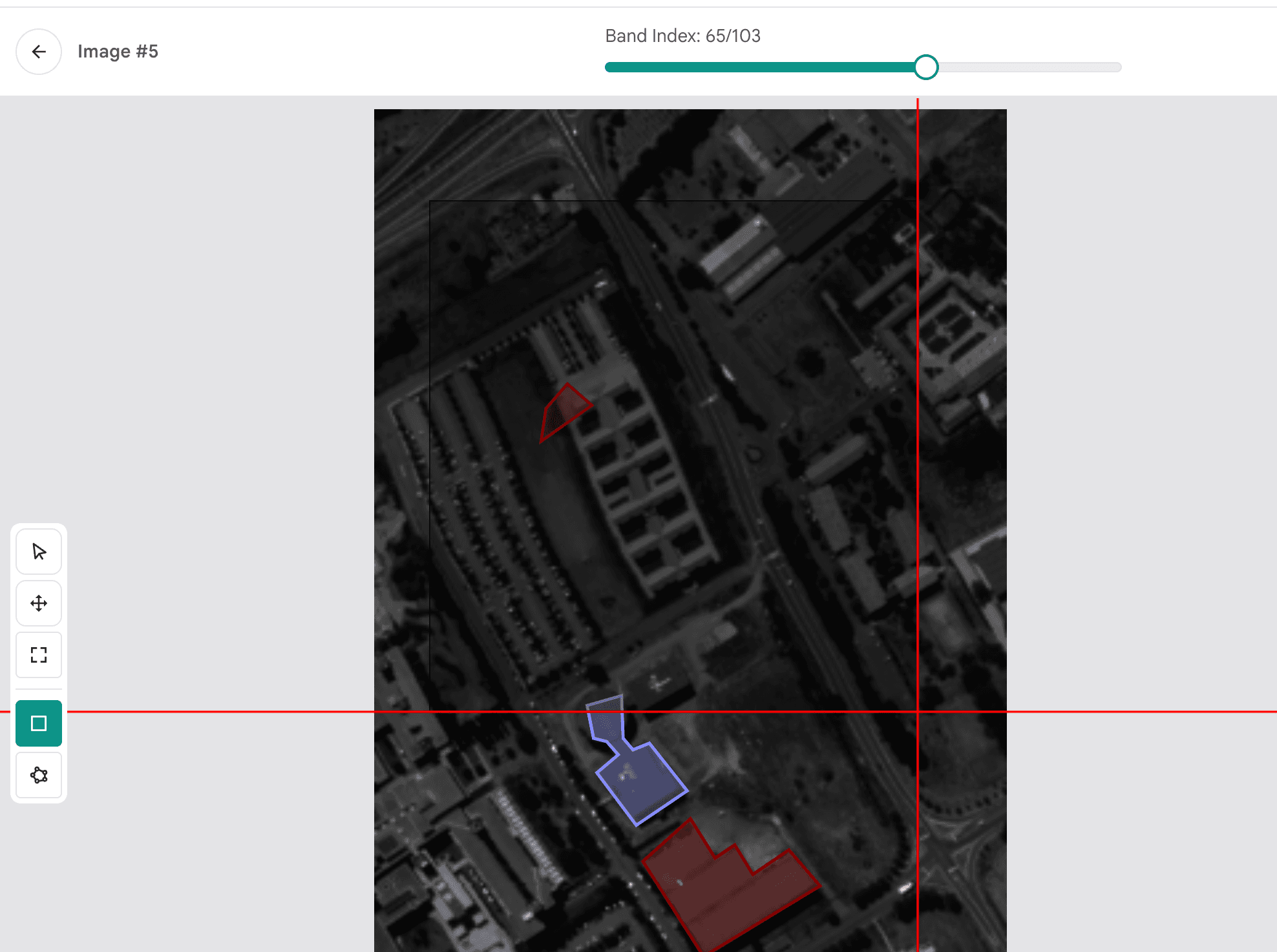 Annotation canvas: band index slider, polygon tools, shapes on image