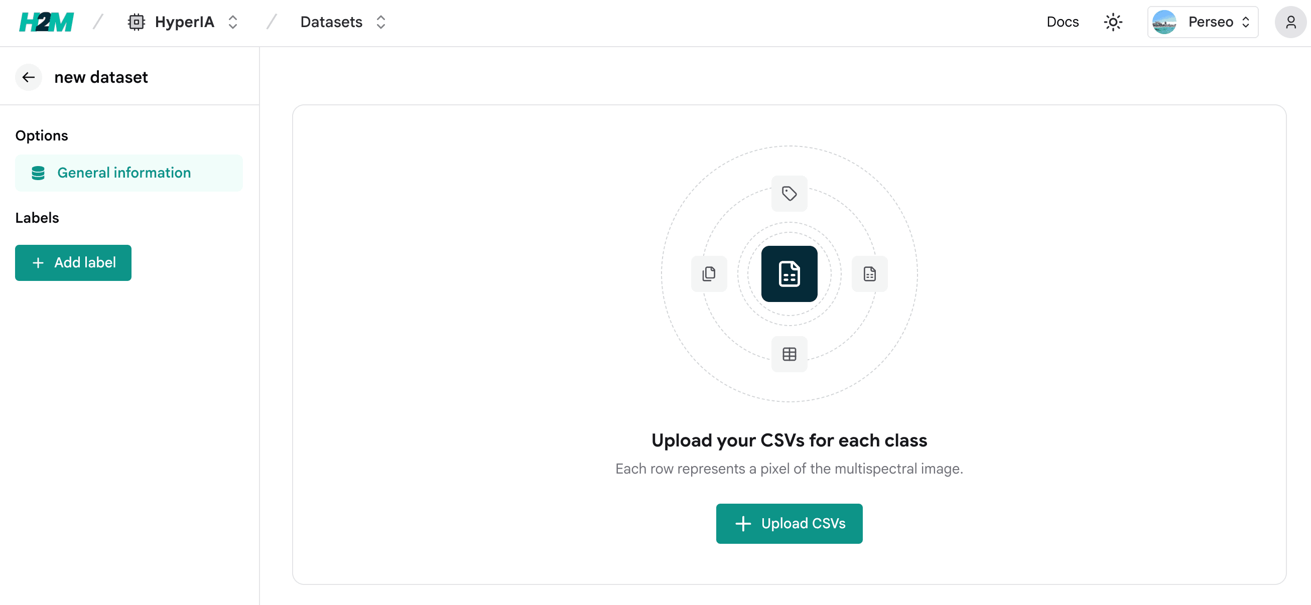 Dataset setup: upload CSVs per class and Add label