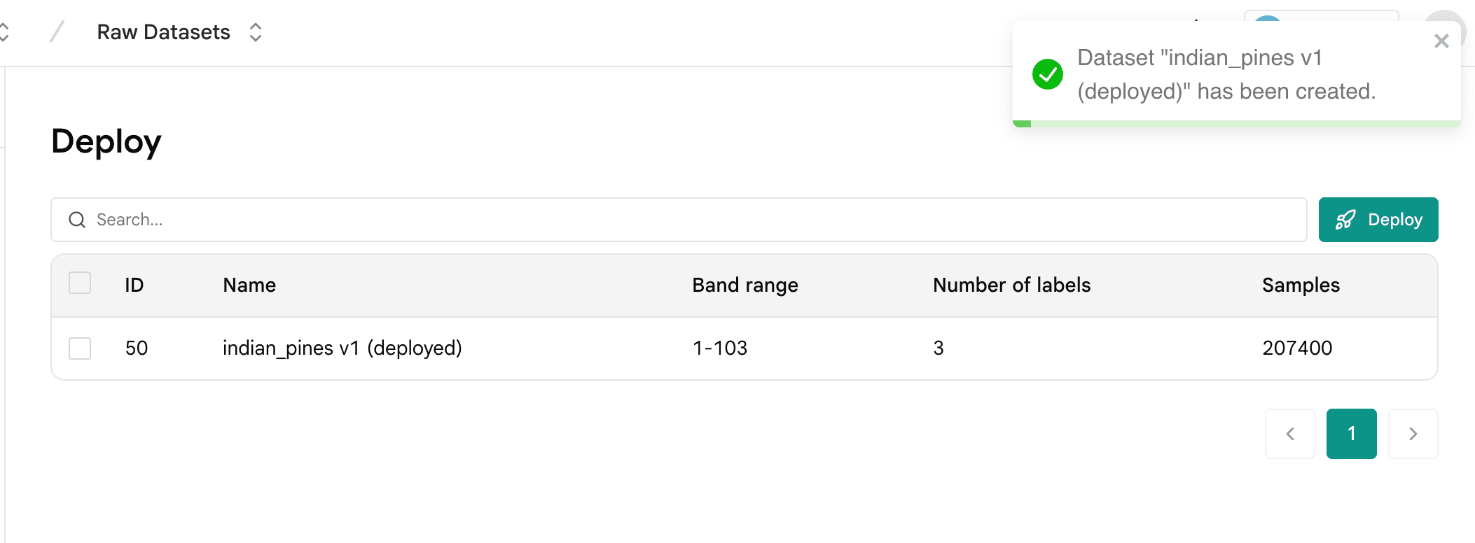Deploy success toast and deployed dataset row