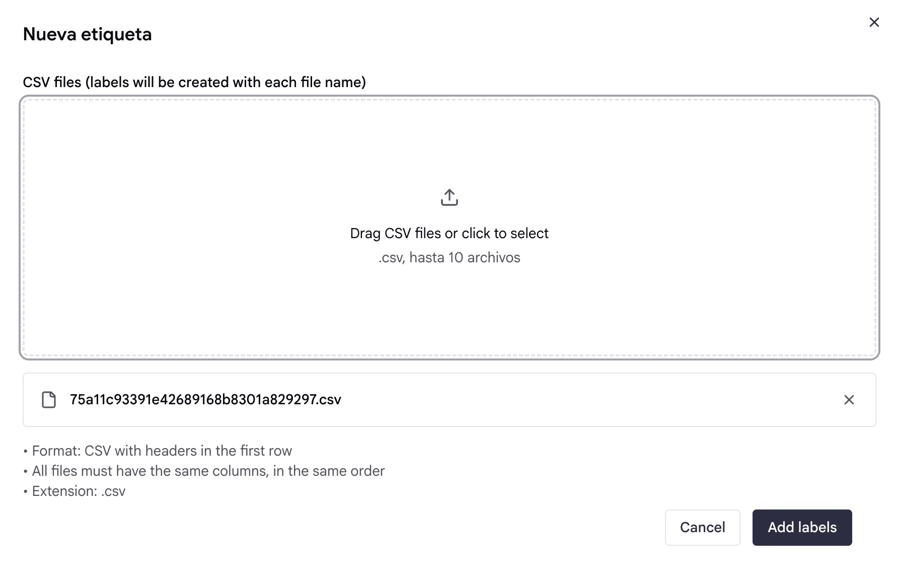 New label modal: drag CSV files, up to 10 files