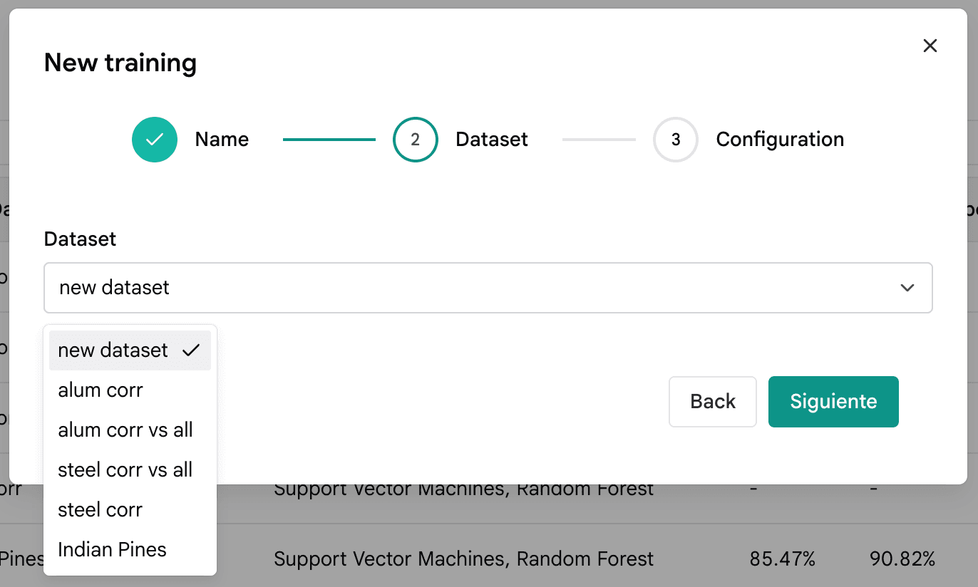 New training step 2: pick dataset from dropdown
