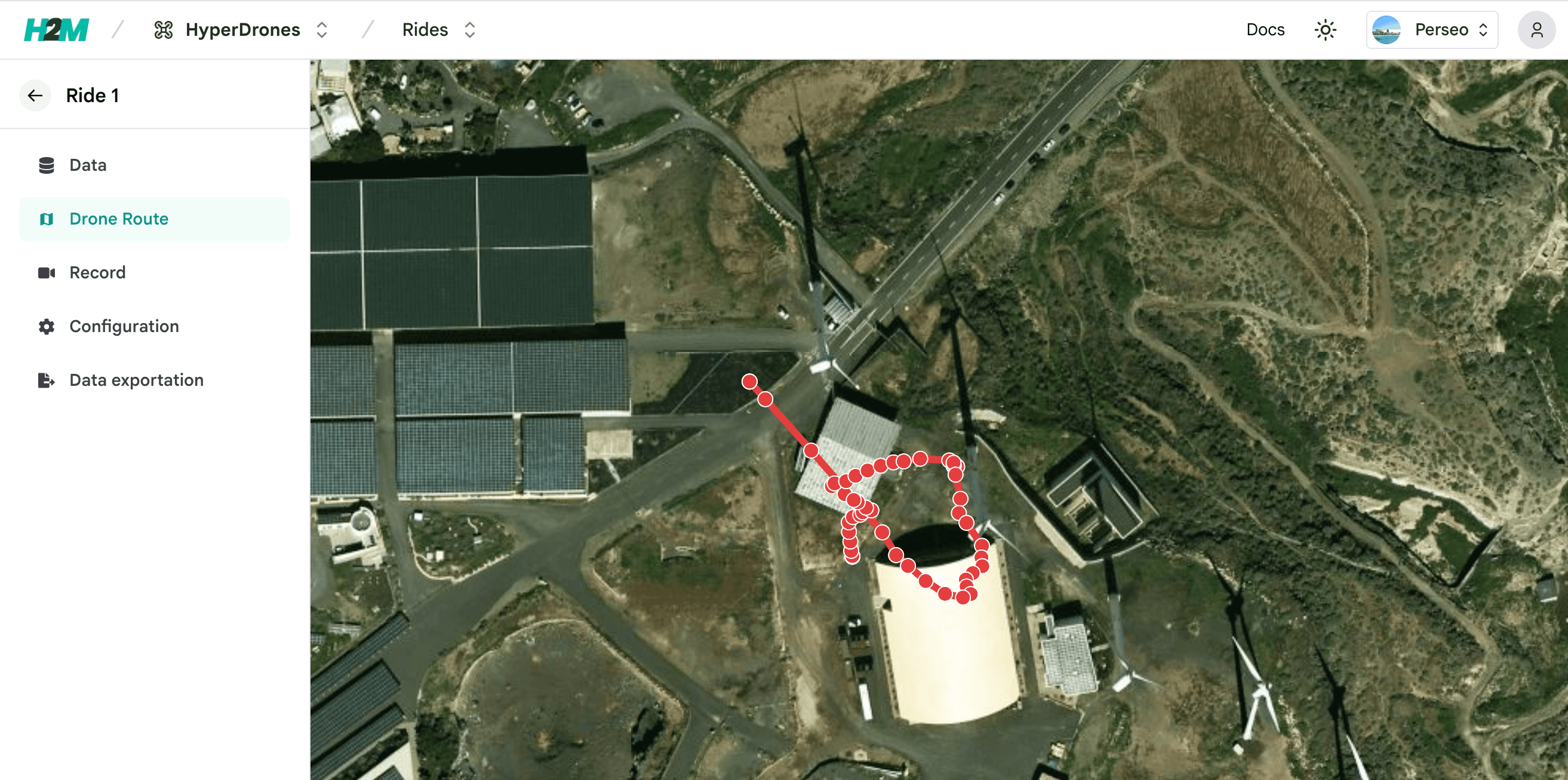 HyperDrones: map with drone flight path over aerial imagery