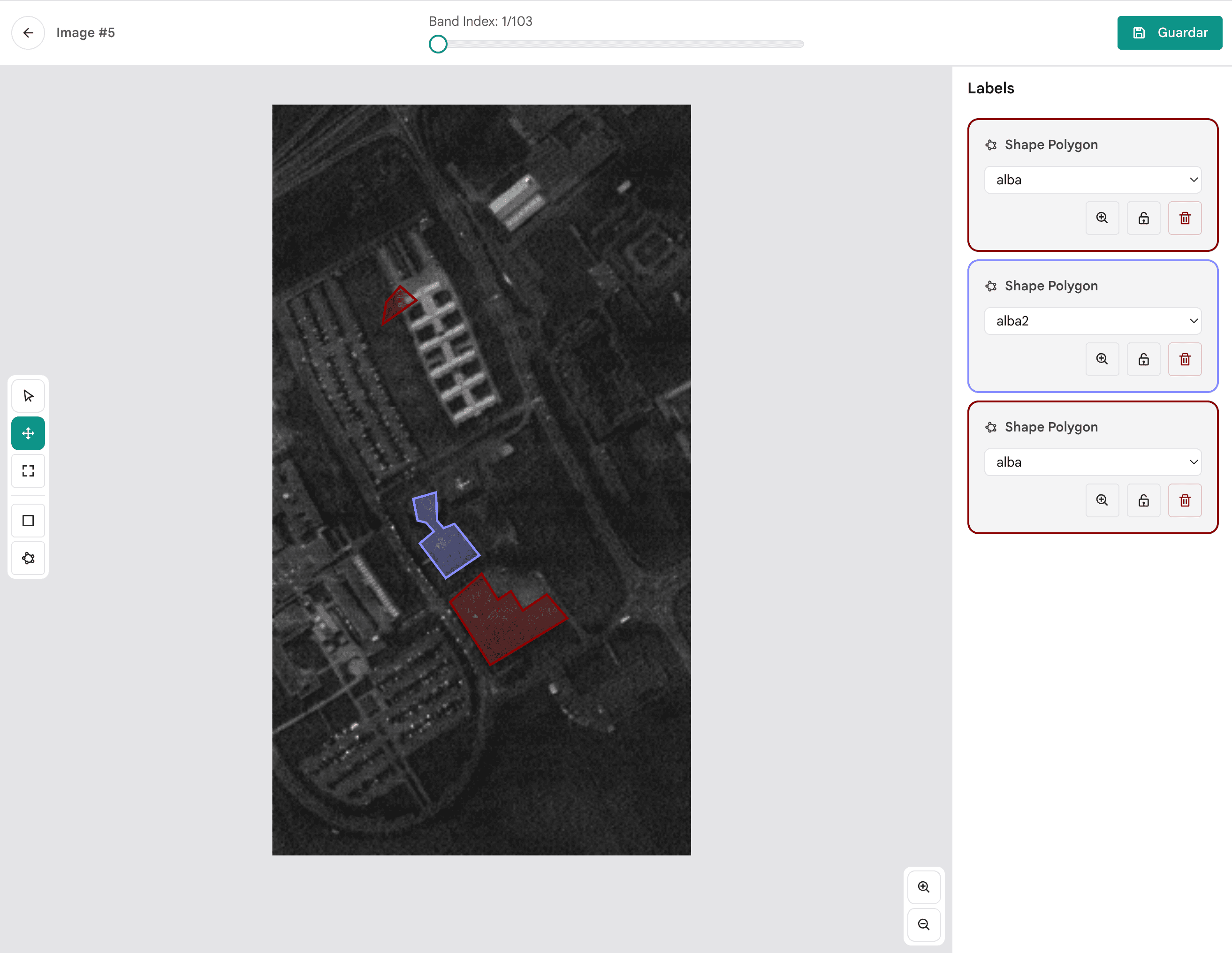 HyperLabel: band index slider, image canvas with polygon annotations, and labels panel